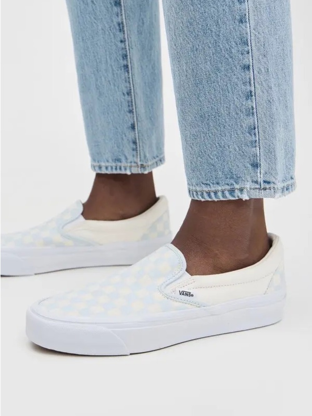 Vans Slip-On Checkerboard Sneakers in White/Light Blue